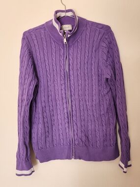 Foxcroft 100% Supima Cotton Full Zip Sweater Women Large Purple Cable Knit Mock